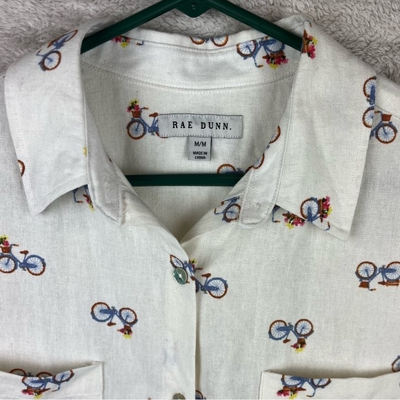 RAE DUNN Bicycle Flowers in Basket Linen Button Up Shirt Medium Novelty Print - Picture 3 of 16